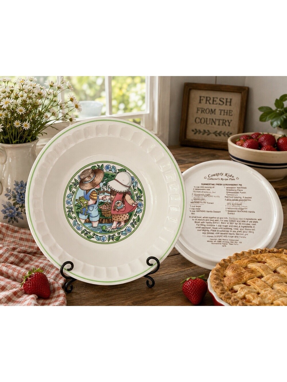 Watkins Country Kids Pie Plate Summertime Strawberry Pie Recipe 1989 Vintage